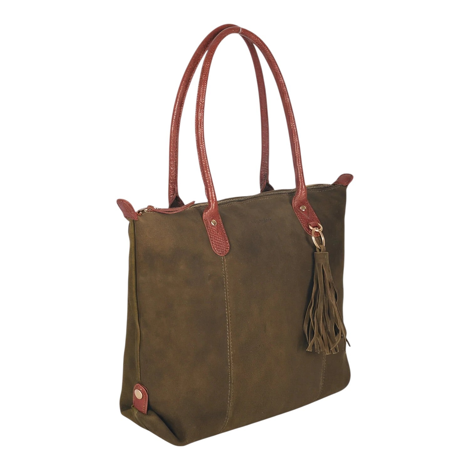 Lieblingstasche Sofia L olive green suede tote bag with brown textured leather handles and tassel detail.
