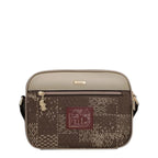 Lieblingstasche cross-body bag in beige and brown with a patterned patchwork design and a small house logo patch.