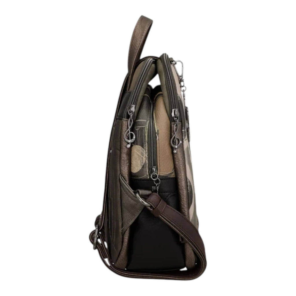 Lieblingstasche backpack in a side view featuring a multi-tonal brown and beige patterned design with zipper details