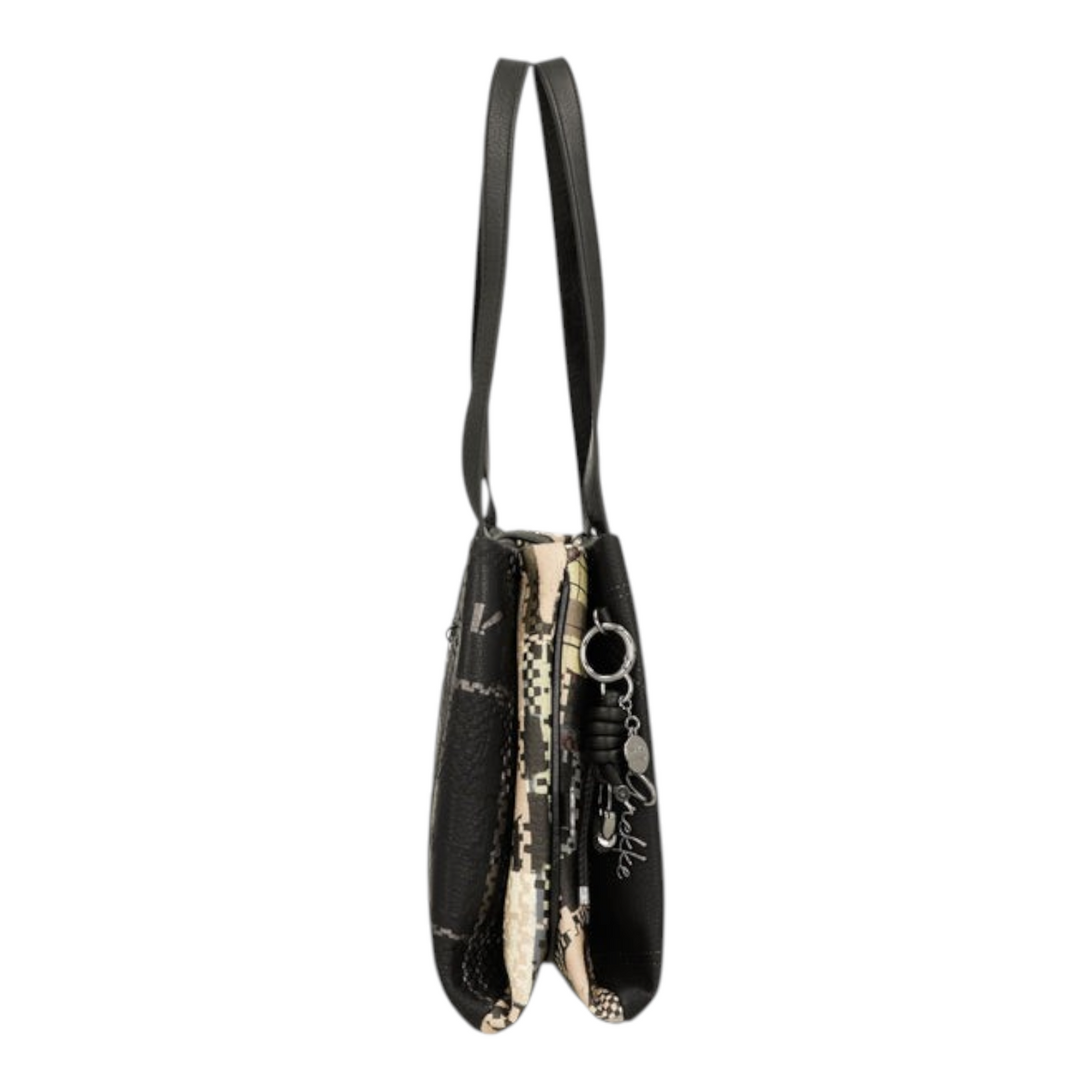Lieblingstasche shoulder bag in black and beige with a patterned design and a decorative metal charm on the side