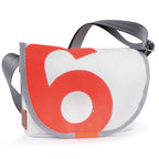 Lieblingstasche Perle messenger bag in white and orange sailcloth with grey seatbelt strap and number six detail
