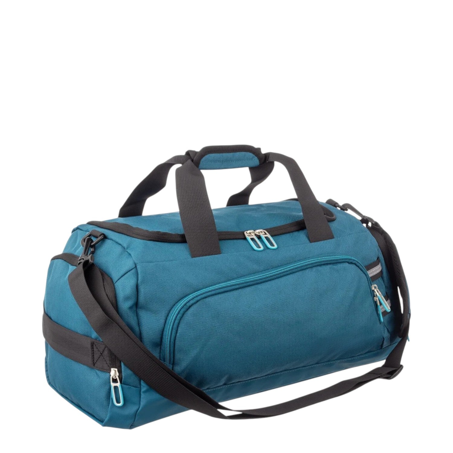 Lieblingstasche Lightstyler Duffle L in petrol blue with black straps, front zip pocket, and light blue zipper pulls.