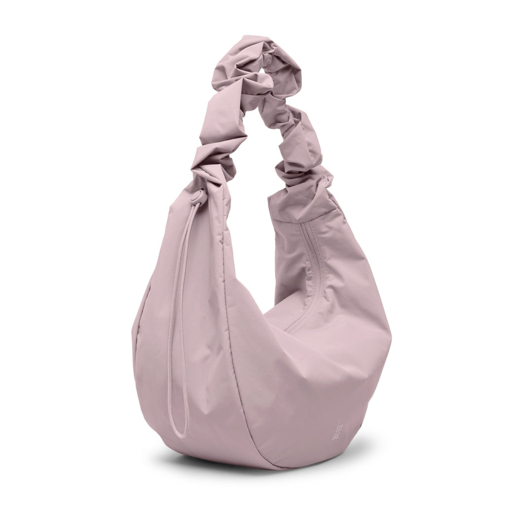 Lieblingstasche Moon Bag Ruffle Large in soft dusty pink with a gathered scrunchie-style shoulder strap