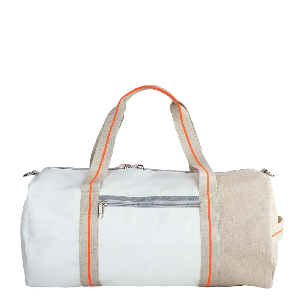 Lieblingstasche Pirat white and beige canvas duffel bag with bright orange trim and grey zipper details
