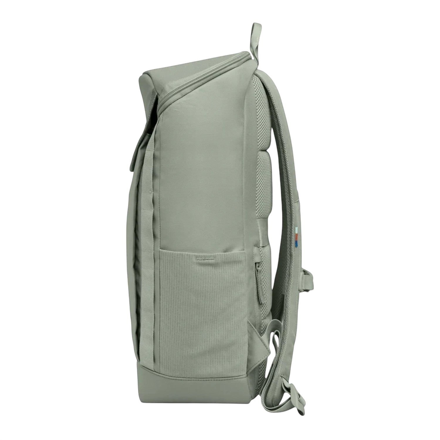 Lieblingstasche Pro Pack sage green laptop backpack, side view showing mesh side pocket and ergonomic straps.