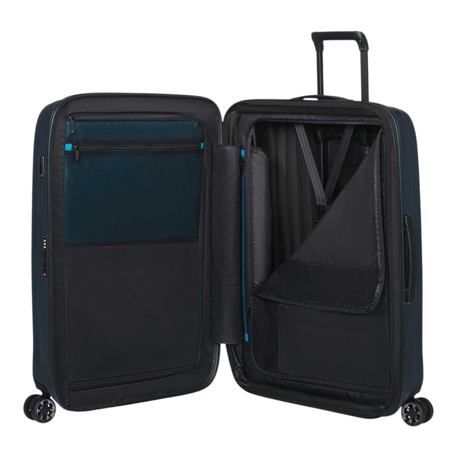 Lieblingstasche PRODIVER HS Spinner 75/28 Exp suitcase interior with blue mesh pockets and compression straps