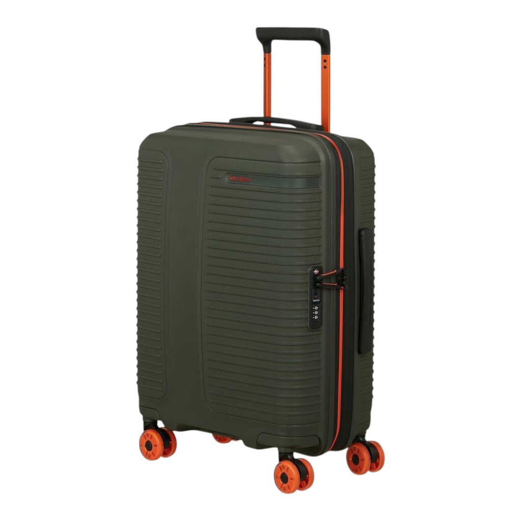 Lieblingstasche PRODIVER HS olive green spinner suitcase with orange wheels, telescopic handle, and TSA lock.