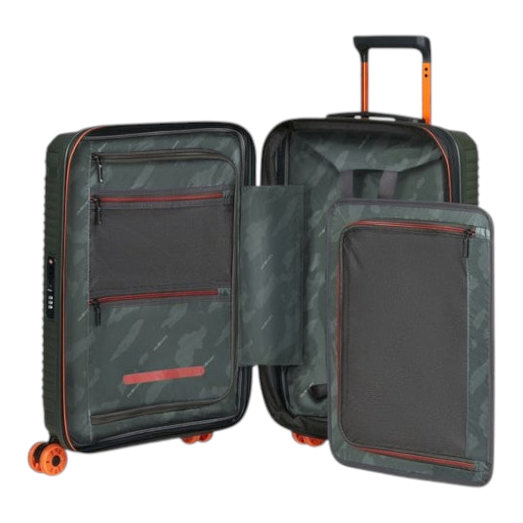 Lieblingstasche PRODIVER HS Spinner 55/20 carry-on suitcase open with grey camo interior and orange accents