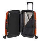 Lieblingstasche Proxis Spinner 55 orange hardshell suitcase with TSA lock, open to show interior compartments and straps.