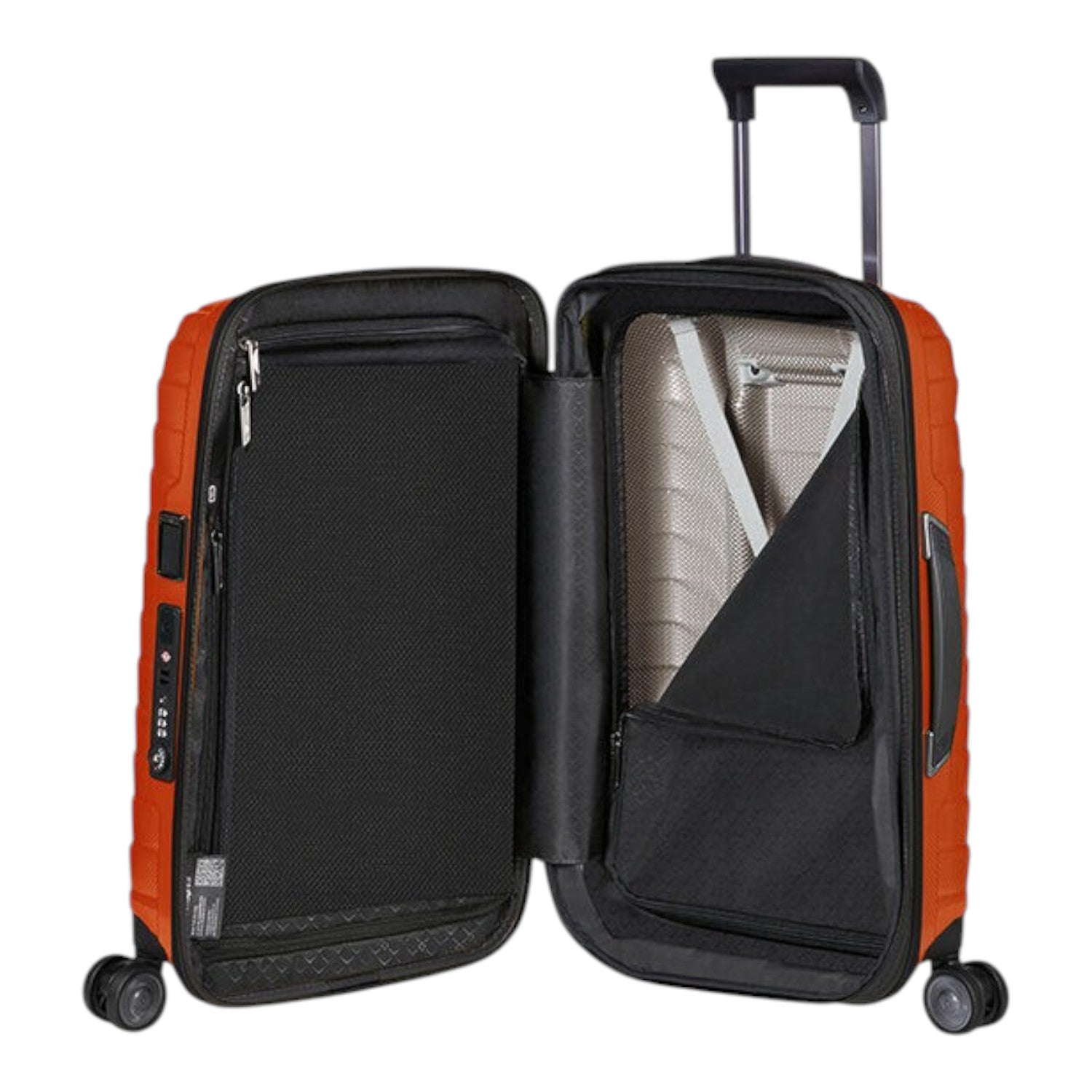 Lieblingstasche Proxis Spinner 55 orange hardshell suitcase with TSA lock, open to show interior compartments and straps.