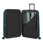 Lieblingstasche Proxis Spinner 75 teal suitcase, open to show spacious interior with straps and zippered compartments.