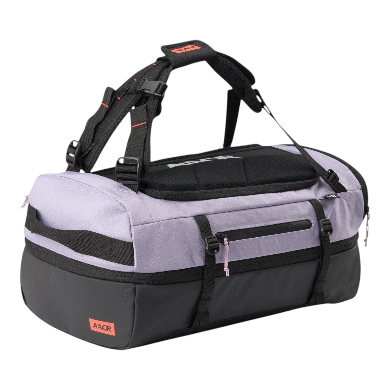 Lieblingstasche Duffel Pack in light purple and black with adjustable straps and durable fabric construction.