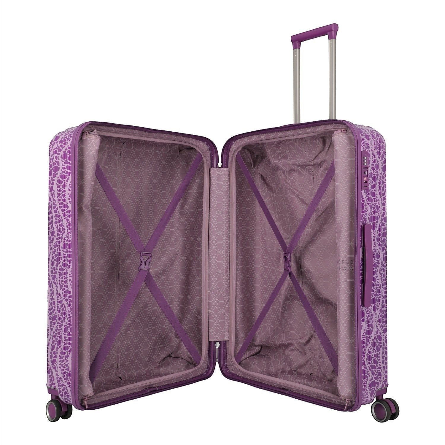 Lieblingstasche purple trolley suitcase with lace pattern, telescopic handle, TSA lock, and interior straps.