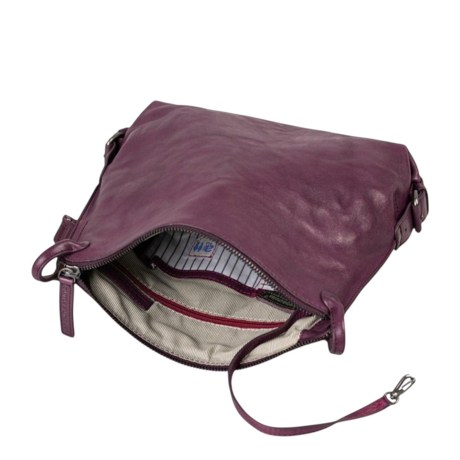 Lieblingstasche Mrs. Raisin Cookie purple leather crossbody bag with open zipper and striped interior lining