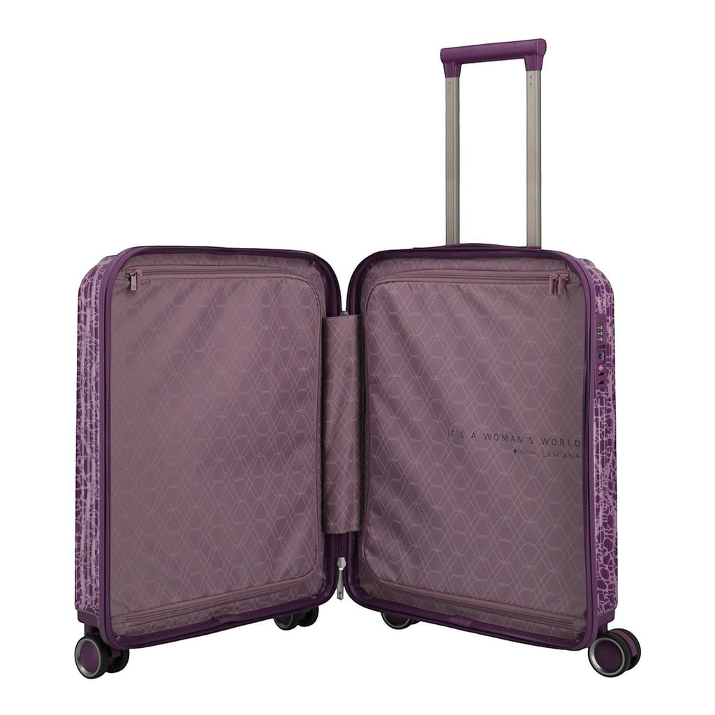 Lieblingstasche Lascana Edition 4W Trolley S, purple patterned hard-shell suitcase with telescopic handle and spinner wheels.