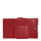 Lieblingstasche red leather tri-fold wallet with multiple card slots and a snap closure.