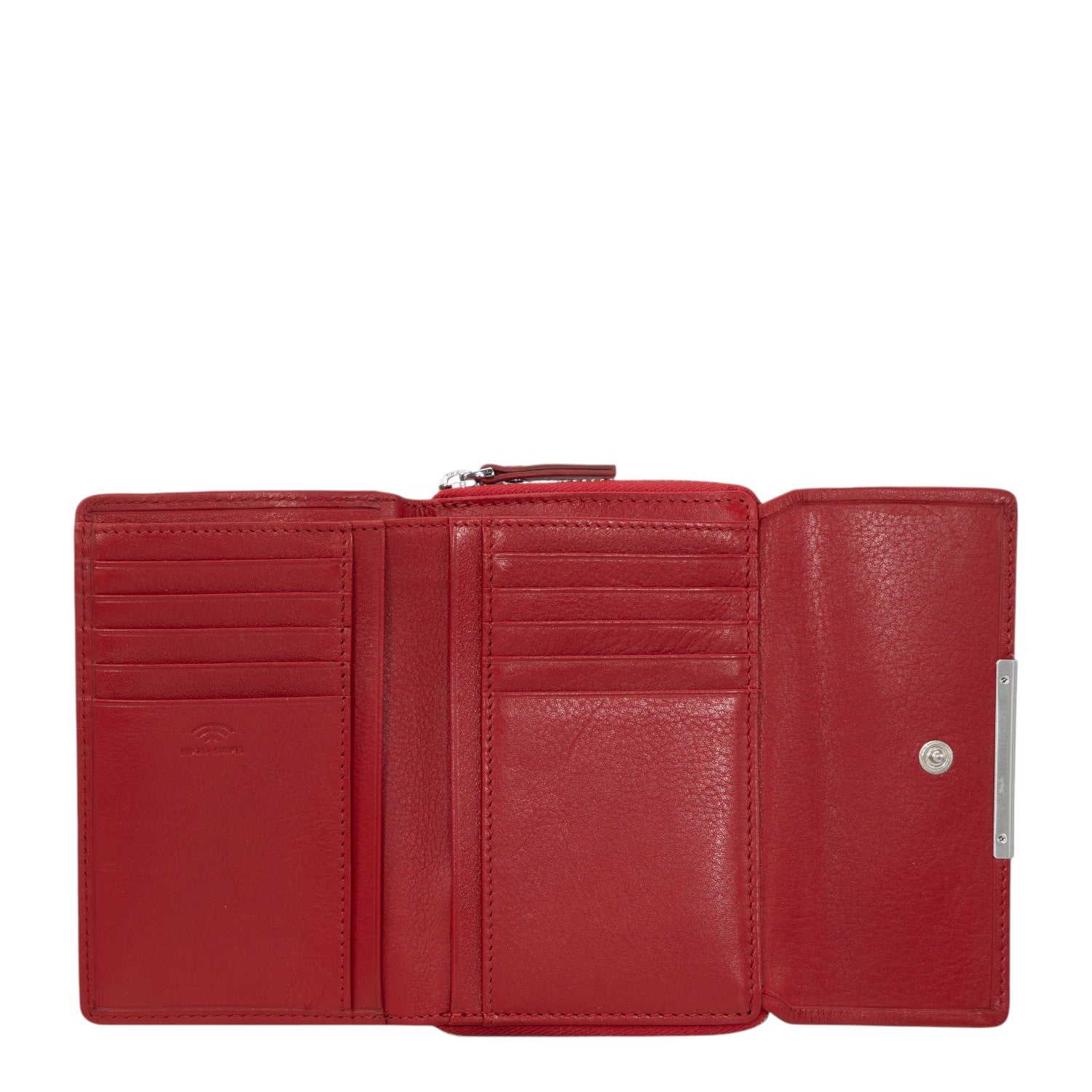 Lieblingstasche red leather tri-fold wallet with multiple card slots and a snap closure.