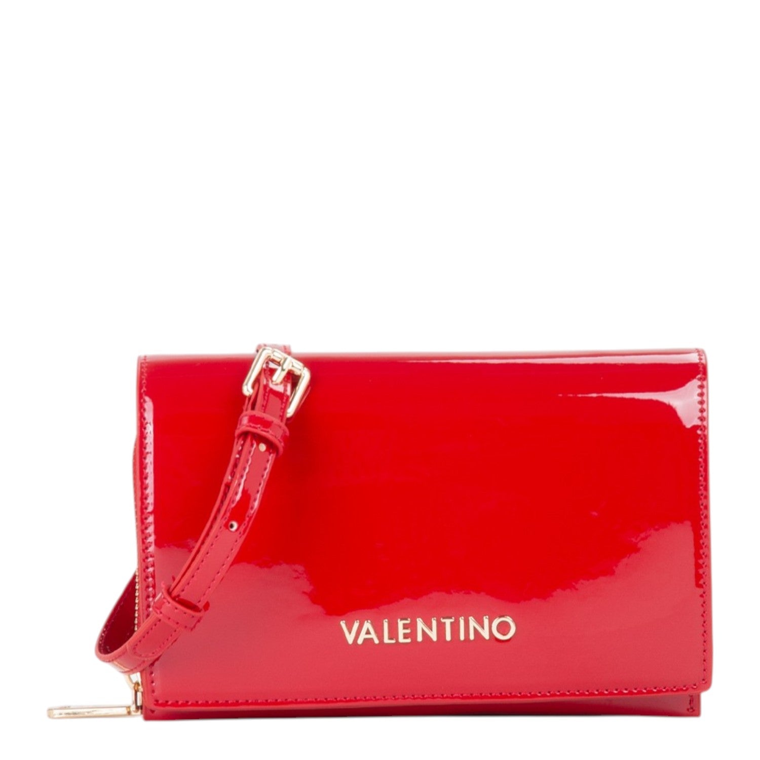 Lieblingstasche Flap Bag Ember, a small red patent leather crossbody bag with gold hardware and a buckle closure.