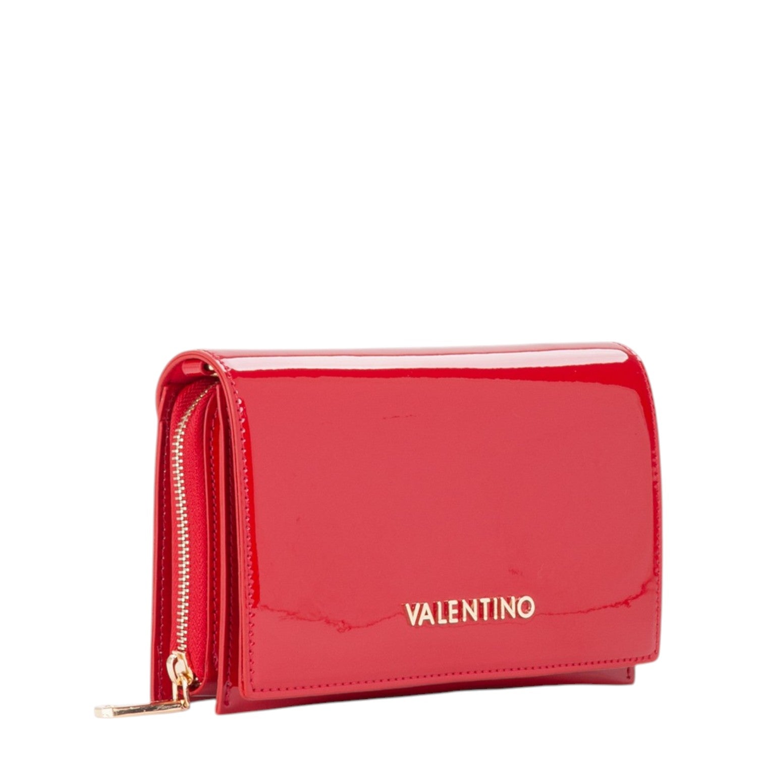 Lieblingstasche Flap Bag Ember, a red patent leather wallet with gold hardware and a zip closure.