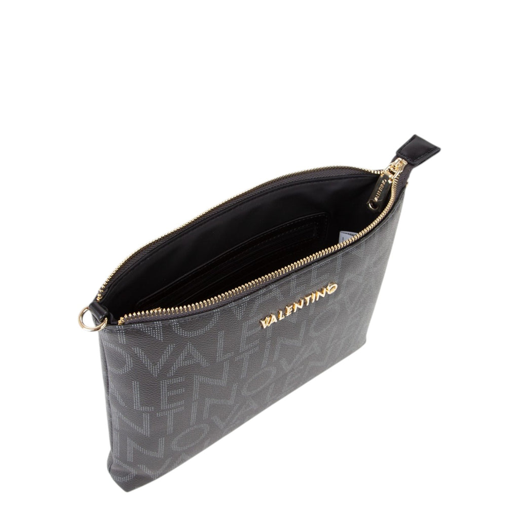 Lieblingstasche Regina Re black clutch with all-over logo print and gold hardware. Zipper closure.