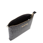 Lieblingstasche Regina Re black clutch with all-over logo print and gold hardware. Zipper closure.