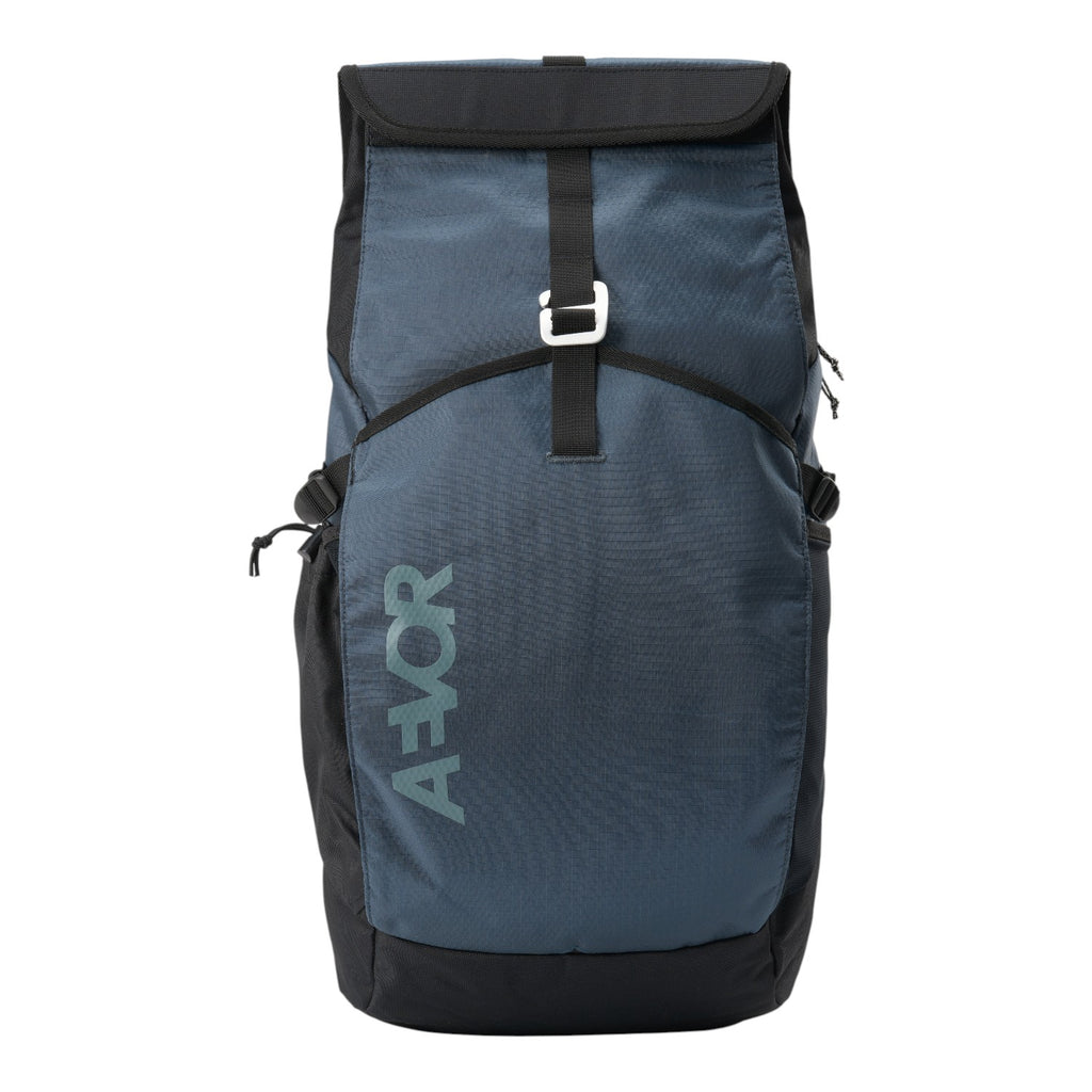 Lieblingstasche Roll Pack 2.0 blue and black roll-top backpack with front buckle closure and AEVOR branding
