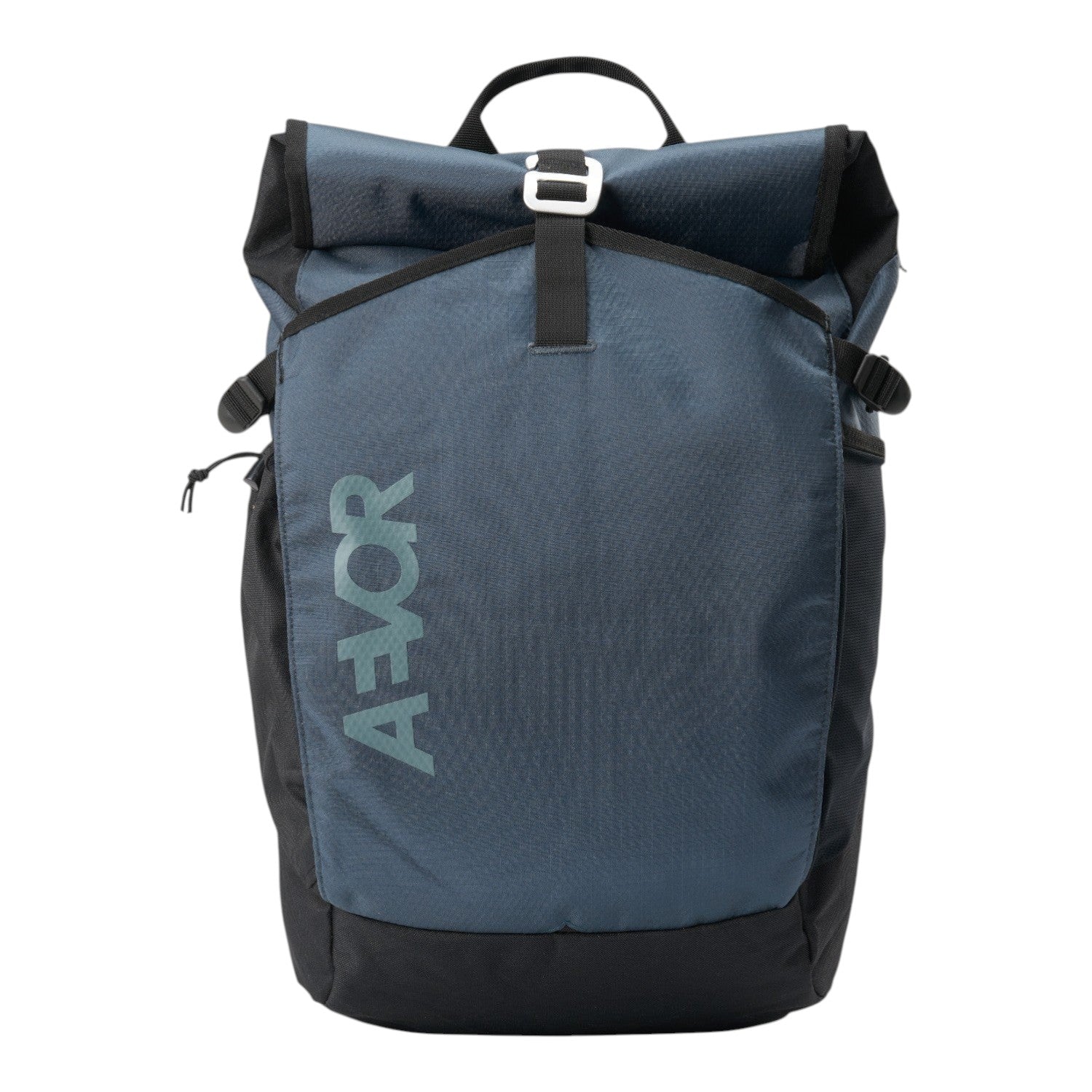 Lieblingstasche Roll Pack 2.0 blue roll-top backpack with black trim and AEVOR logo on a white background