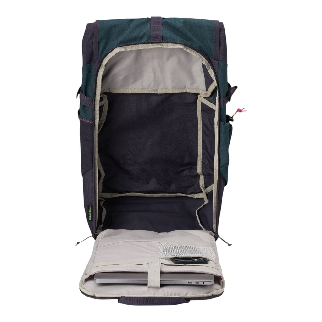 Lieblingstasche Roll Pack 2.0 backpack in dark green and purple with open main compartment and laptop sleeve