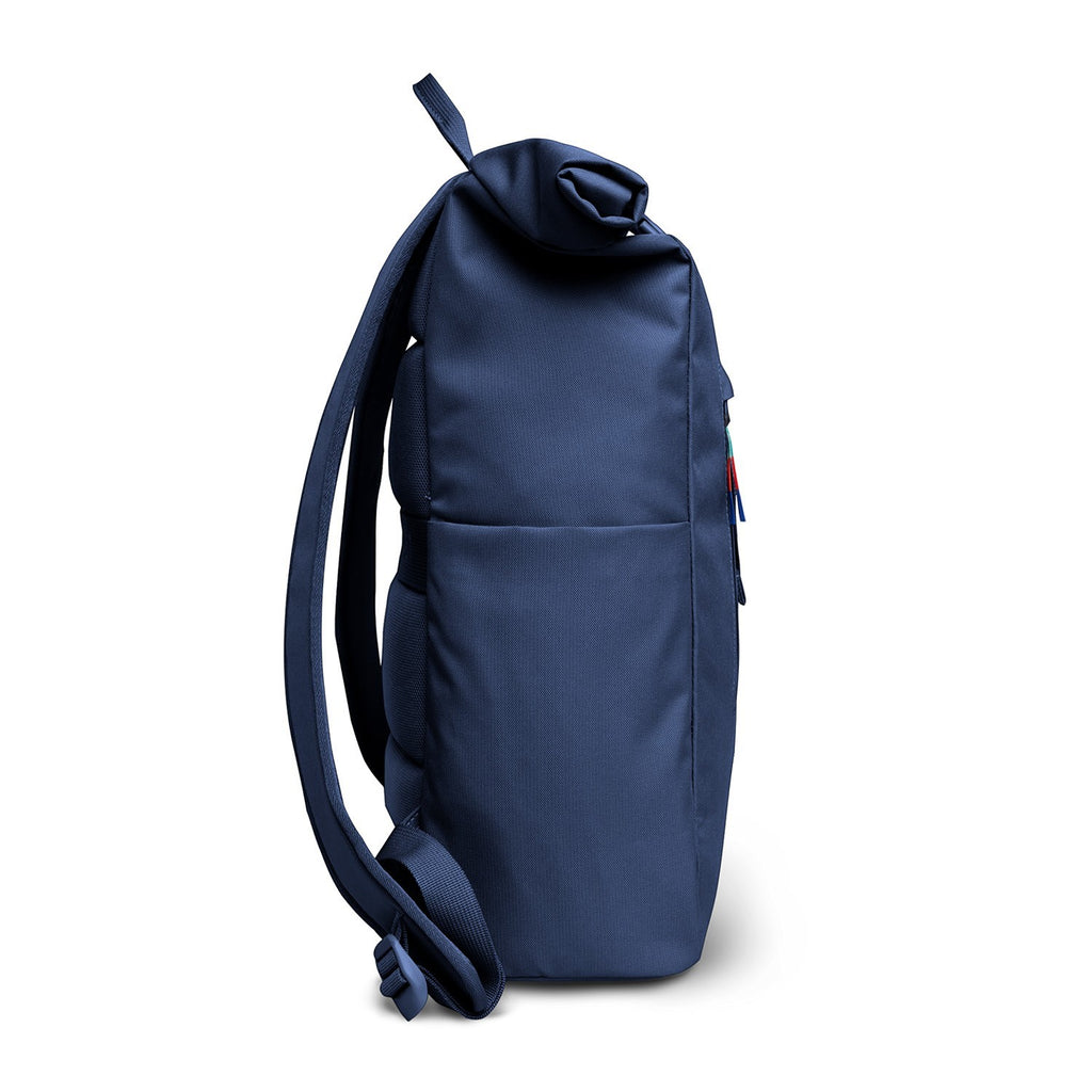 Lieblingstasche Rolltop Easy navy blue backpack with adjustable straps and a small flag detail.