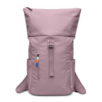 Lieblingstasche Rolltop Easy Small backpack in dusty rose, with a roll-top closure and front zip pocket with colorful pull tab.