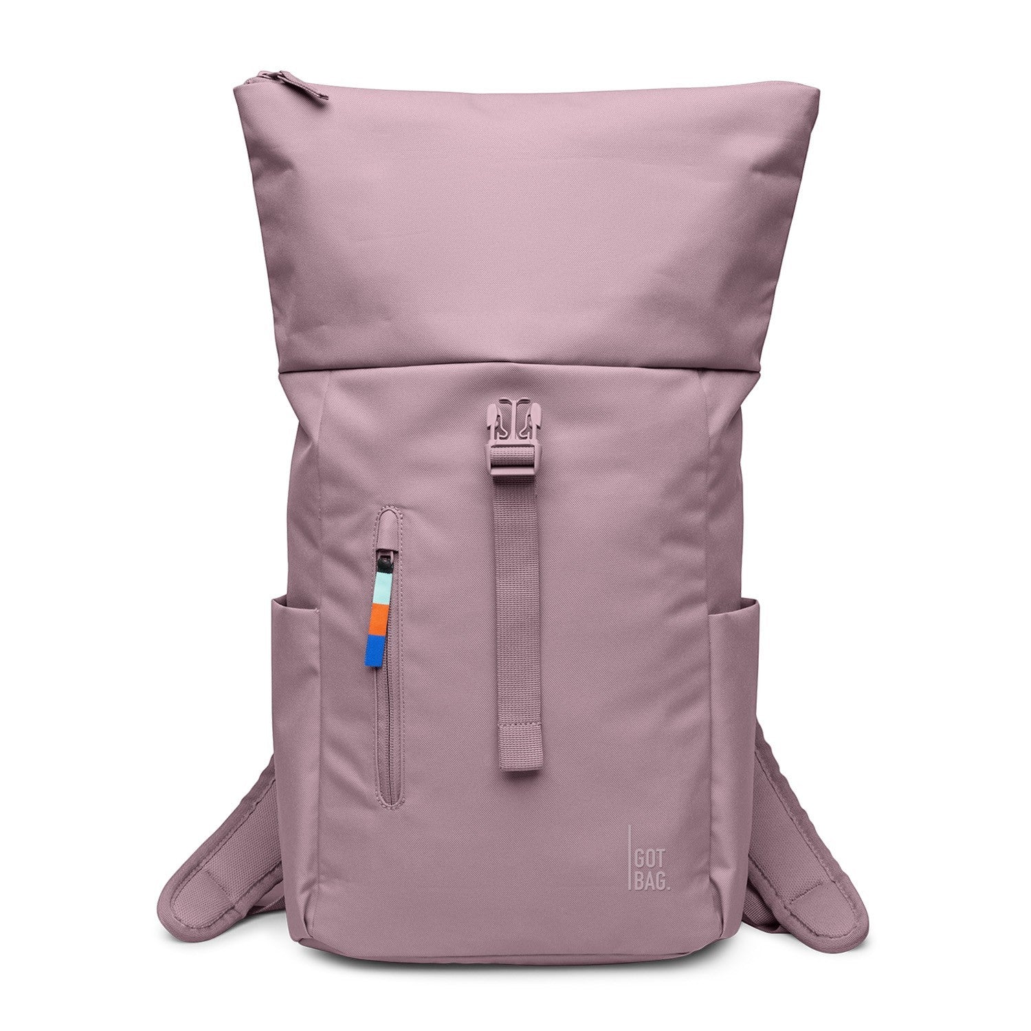 Lieblingstasche Rolltop Easy Small backpack in dusty rose, with a roll-top closure and front zip pocket with colorful pull tab.