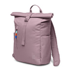 Lieblingstasche Rolltop Easy Small backpack in dusty rose, made from recycled materials, with side pockets and a colorful zipper pull.