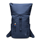 Lieblingstasche Rolltop Easy Small navy blue backpack with buckle closure and side pockets.
