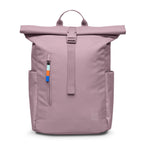 Lieblingstasche Rolltop Easy Small backpack in dusty rose pink with a roll-top closure and buckle. Features side pockets and a front zip pocket with a colorful pull tab.