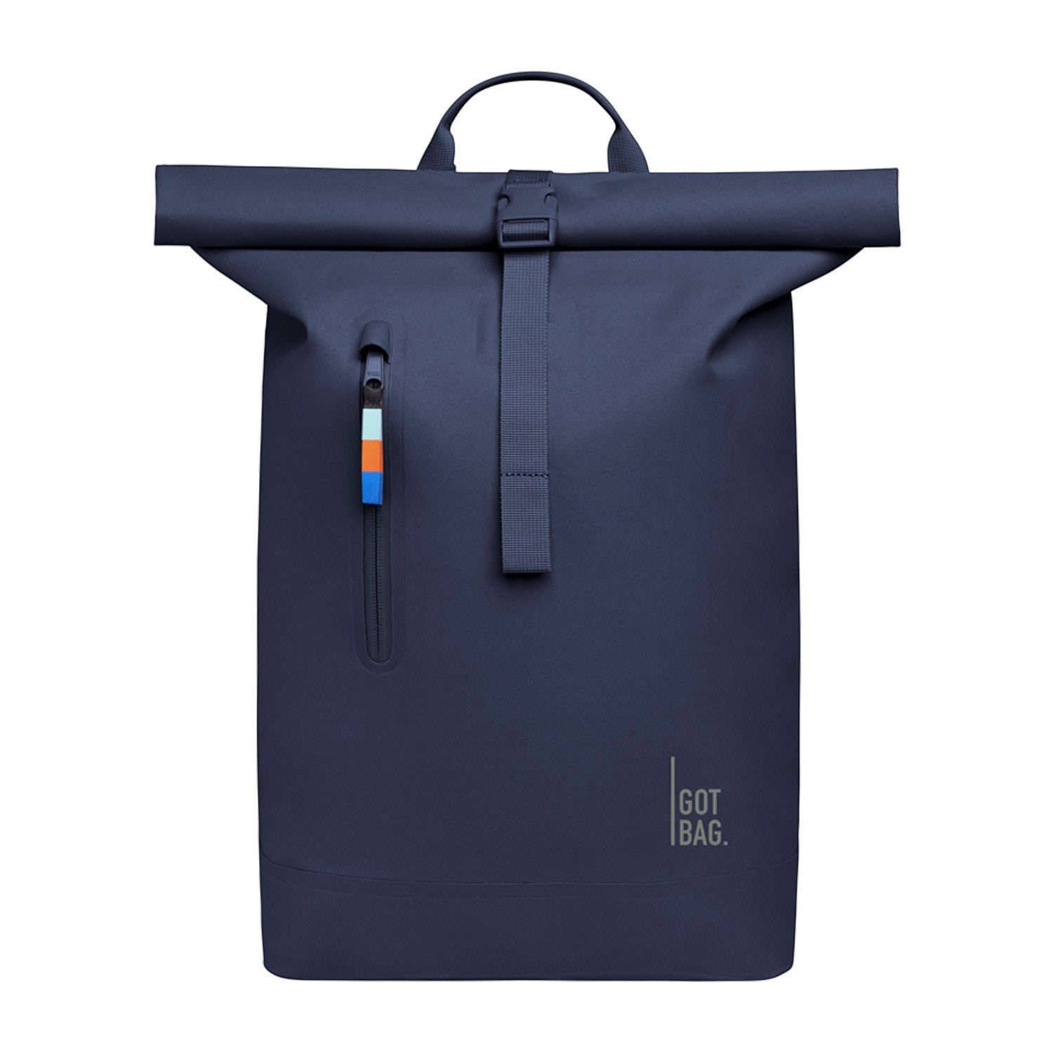 Lieblingstasche Rolltop Lite 2.0 navy blue backpack with rolltop closure and front zip pocket with colorful pull.