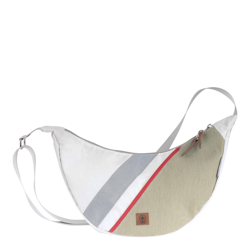 Lieblingstasche Roop L crescent-shaped crossbody bag in white and beige canvas with grey and red stripe accents