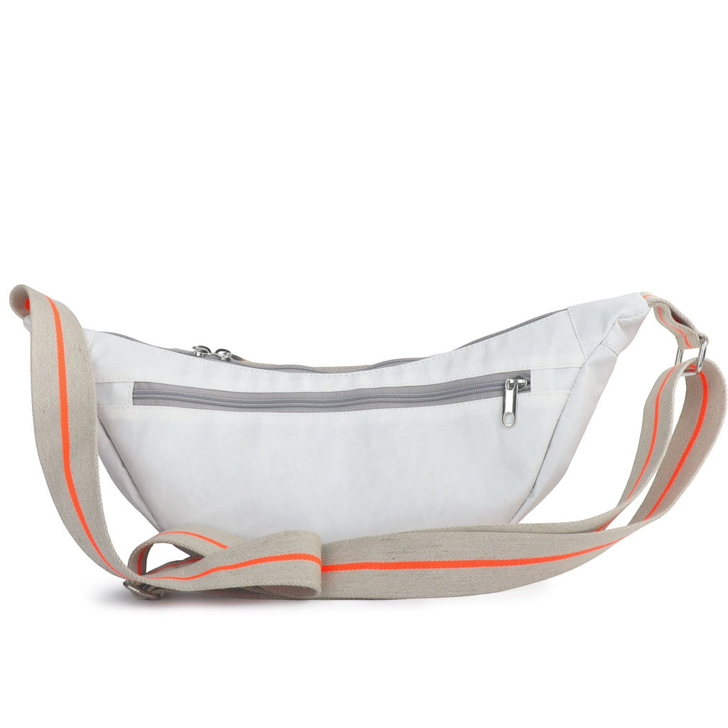 Lieblingstasche Roop white crossbody bag with a beige and orange striped adjustable strap and grey zipper details