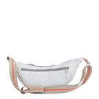 Lieblingstasche Roop white crossbody bag with a beige and orange striped adjustable strap and grey zipper details