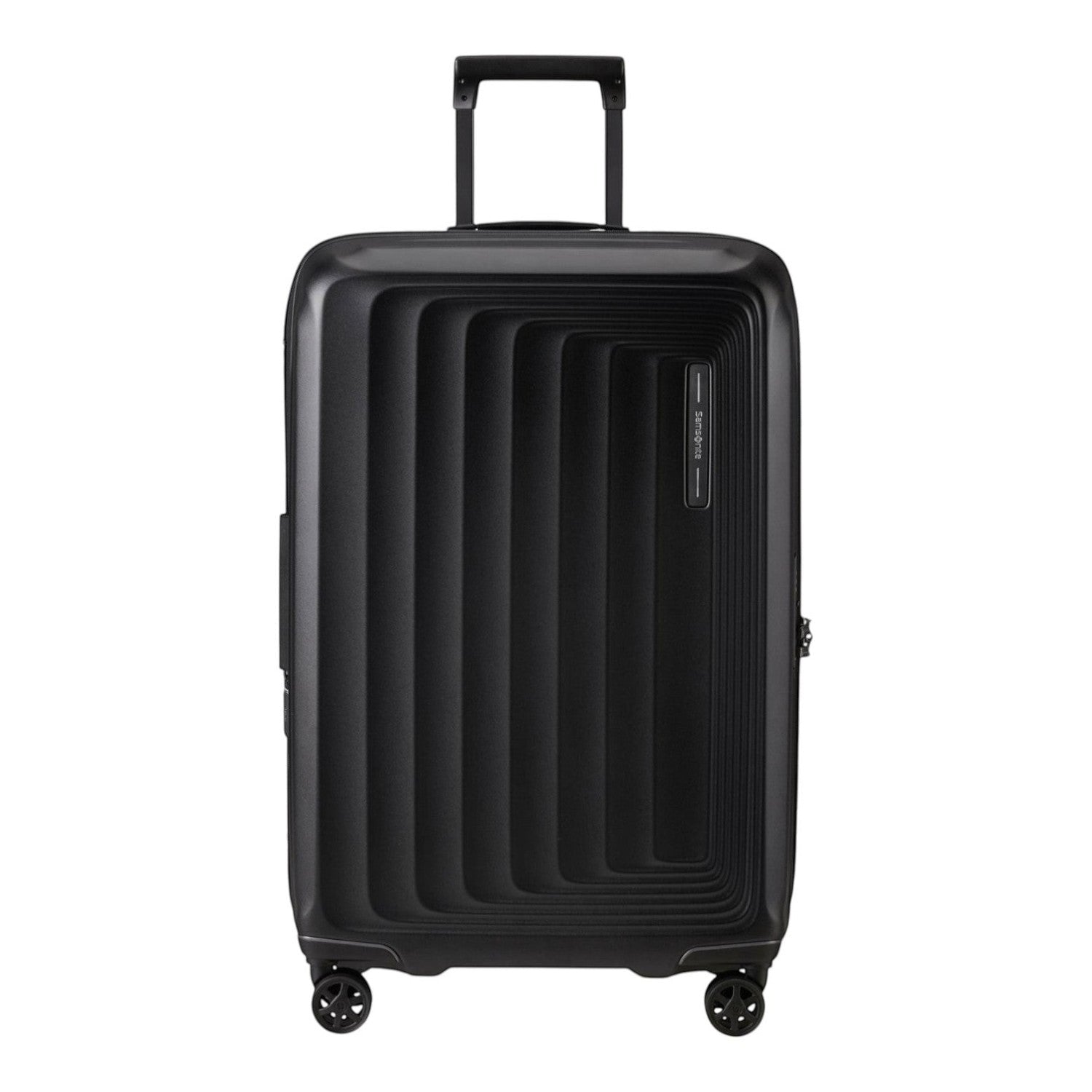 Lieblingstasche Samsonite NUON Spinner 69/25 suitcase in matte black with a modern hard shell and four spinner wheels.
