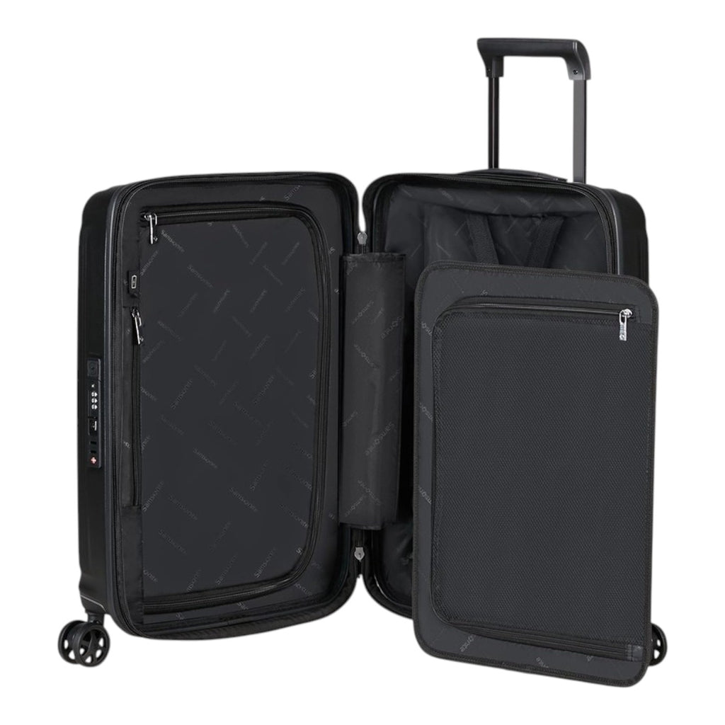 Lieblingstasche Samsonite NUON Spinner 55/20 carry-on suitcase in black with open interior and TSA lock