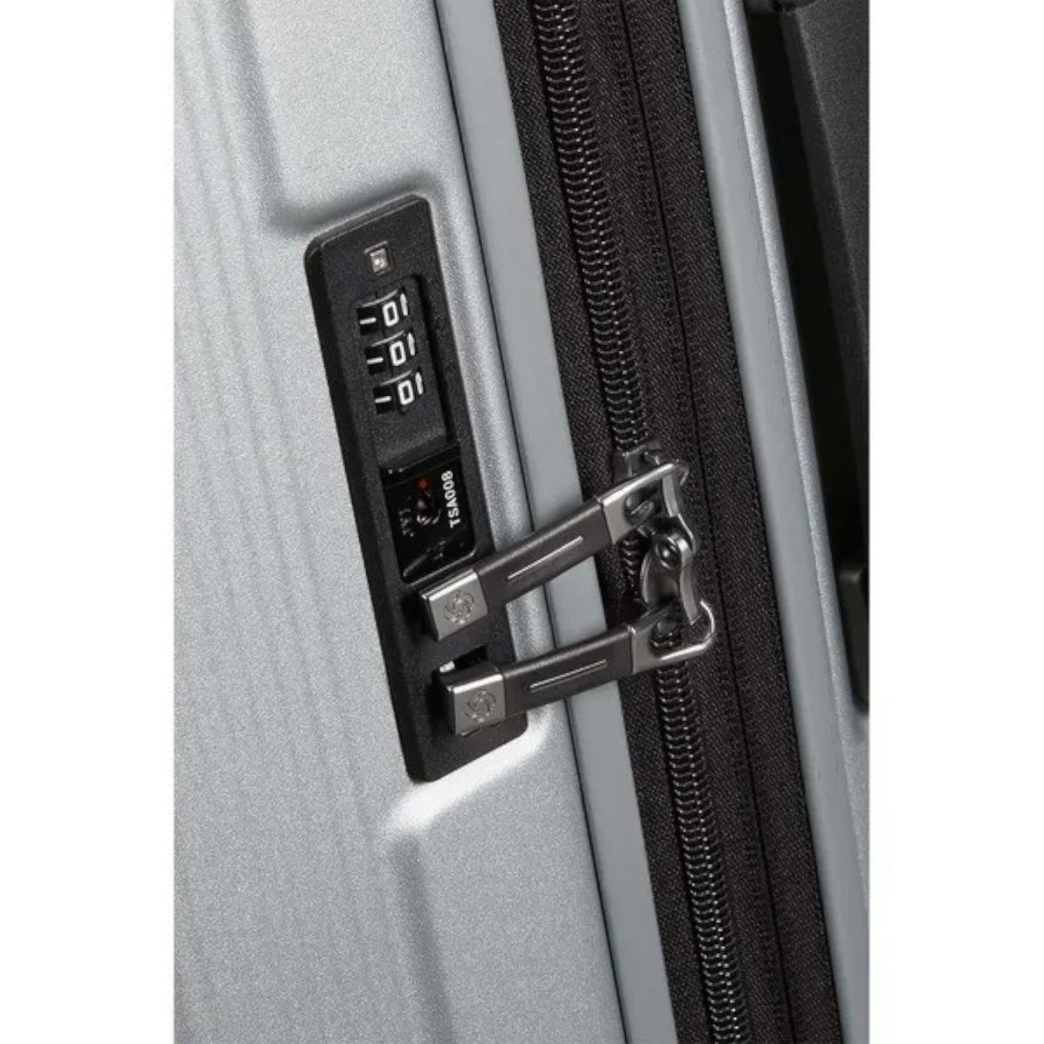 Lieblingstasche Samsonite Nuon suitcase silver hard shell with integrated TSA combination lock and zipper detail