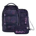Lieblingstasche Satch school backpack set in dark purple with a geometric grid pattern and pink logo accents