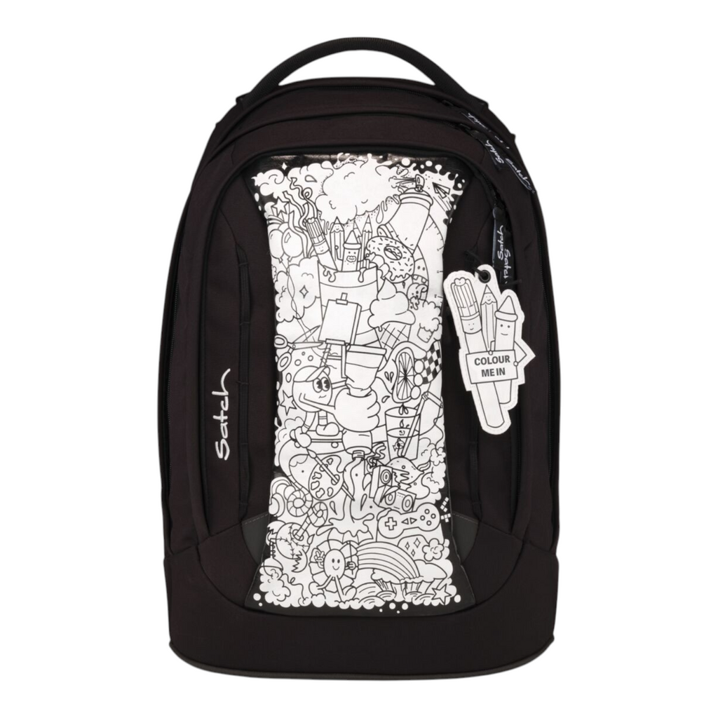 Lieblingstasche Satch school backpack in black with a white doodle-style colouring panel and matching tag.