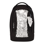 Lieblingstasche Satch school backpack in black with a white doodle-style colouring panel and matching tag.
