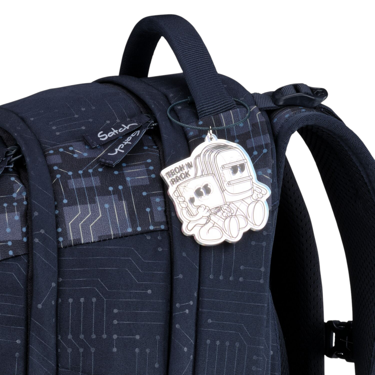 Lieblingstasche Satch school backpack in dark blue with a circuit board pattern and a cute robot character tag.