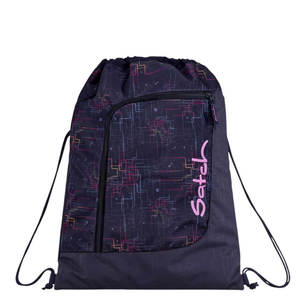 Lieblingstasche Satch drawstring backpack in dark navy with a pink and orange geometric circuit board pattern