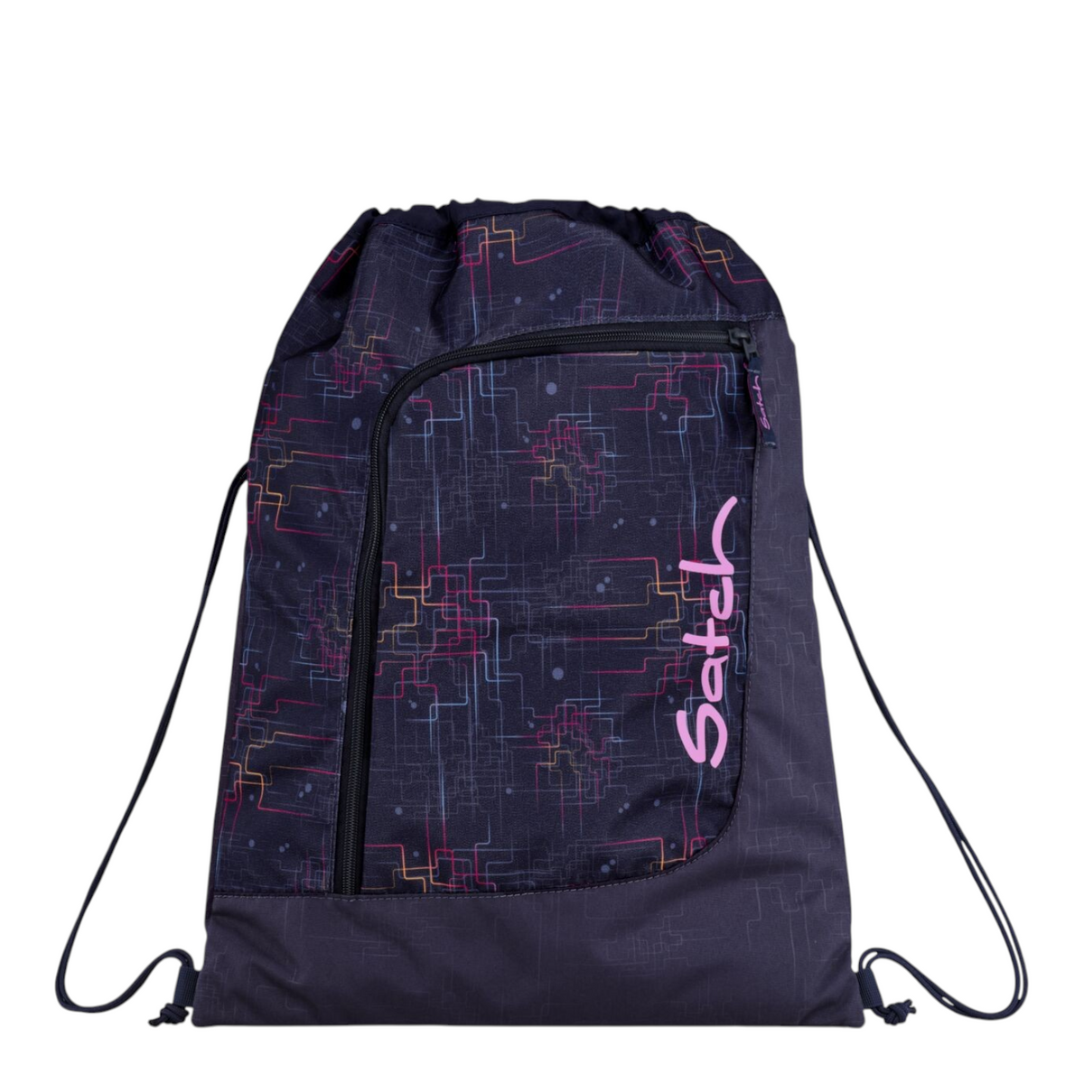 Lieblingstasche Satch drawstring backpack in dark navy with a pink and orange geometric circuit board pattern