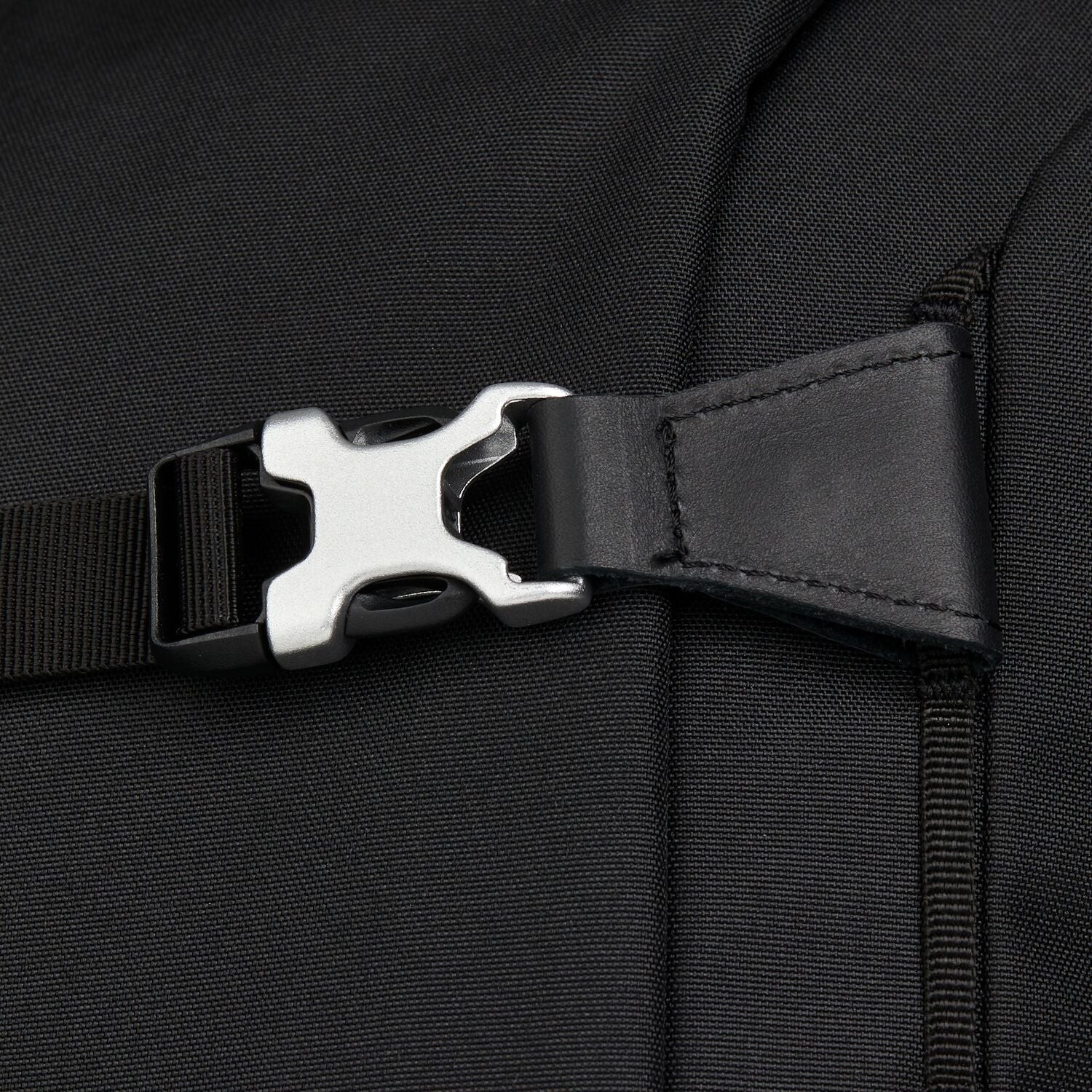 Lieblingstasche satch Pack school backpack black fabric detail with silver metal buckle and leather trim