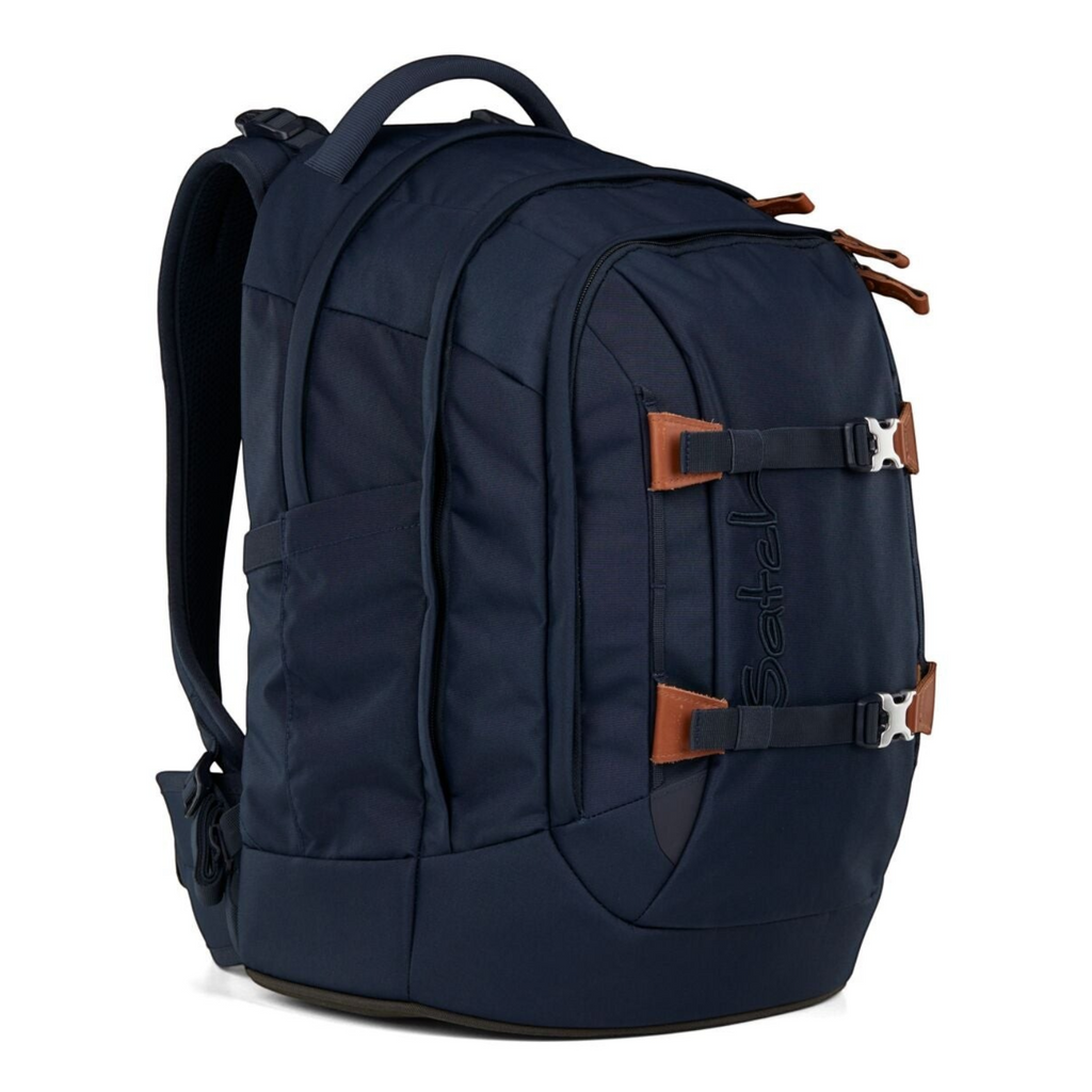 Lieblingstasche satch PACK school backpack in dark blue with brown leather-look accents and side compression straps