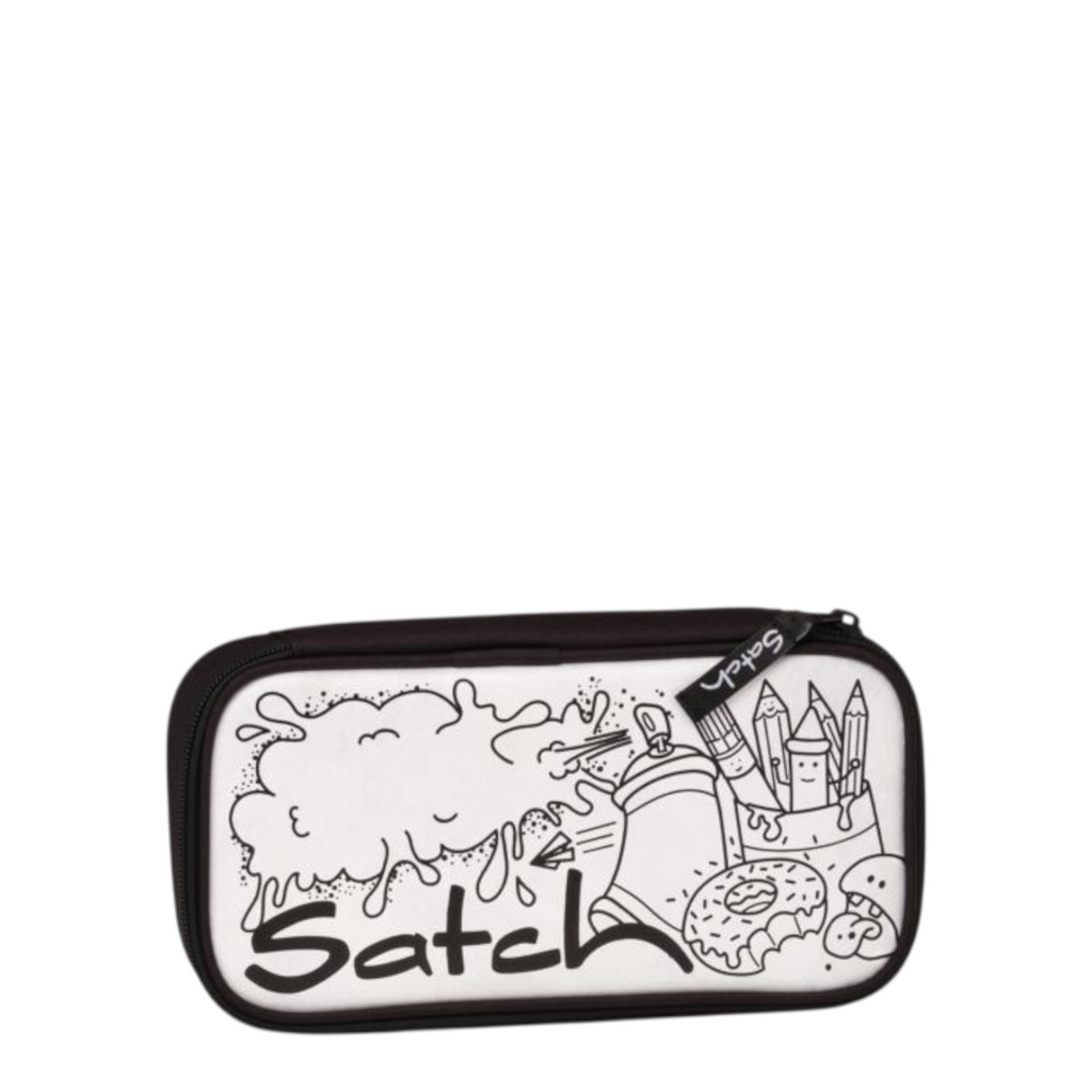 Lieblingstasche Satch pencil case with black and white doodle art featuring a donut, spray can, and pencils
